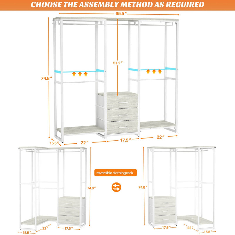 Heavy Duty Clothes Rack with 3 Fabric Drawers, Wood Stoarge Shelf Garment Rack