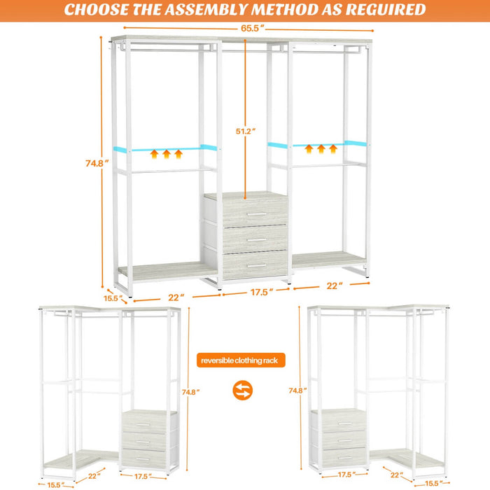 Heavy Duty Clothes Rack with 3 Fabric Drawers, Wood Stoarge Shelf Garment Rack