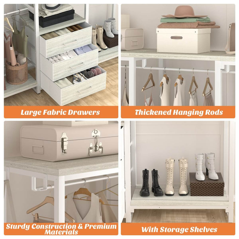 Heavy Duty Clothes Rack with 3 Fabric Drawers, Wood Stoarge Shelf Garment Rack