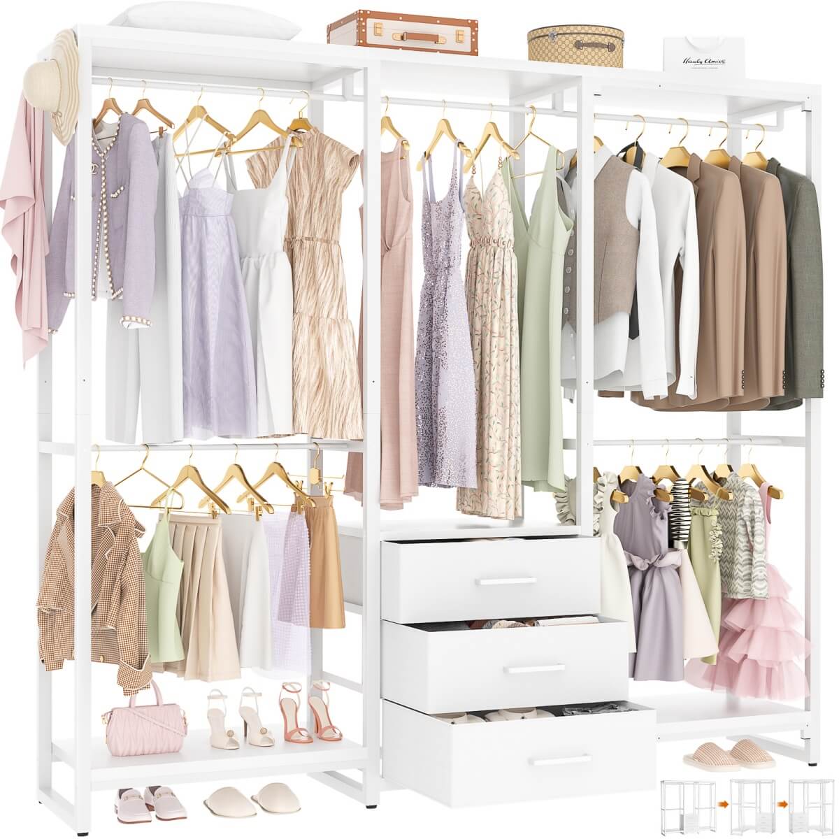 Aheaplus Heavy Duty Clothes Rack with 3 Fabric Drawers, Wood Stoarge ...