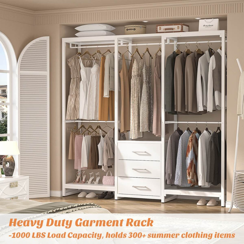 Heavy Duty Clothes Rack with 3 Fabric Drawers, Wood Stoarge Shelf Garment Rack