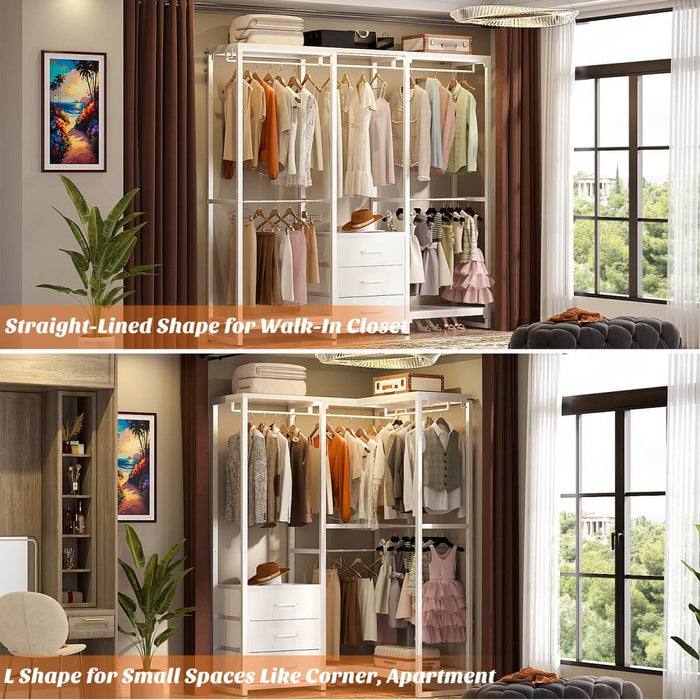 Heavy Duty Clothes Rack with 3 Fabric Drawers, Wood Stoarge Shelf Garment Rack