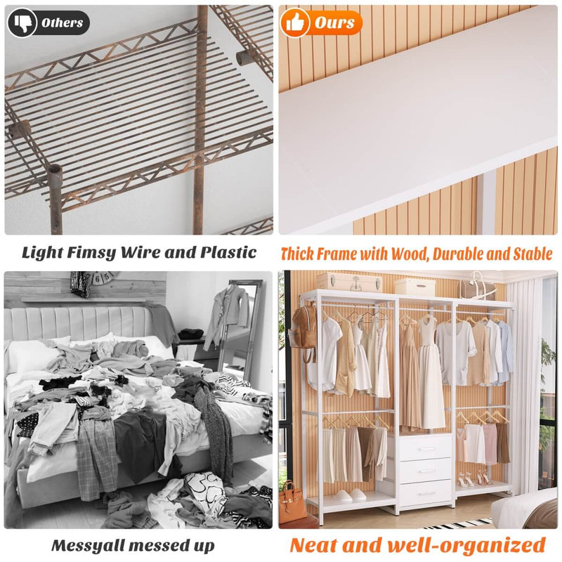 Heavy Duty Clothes Rack with 3 Fabric Drawers, Wood Stoarge Shelf Garment Rack