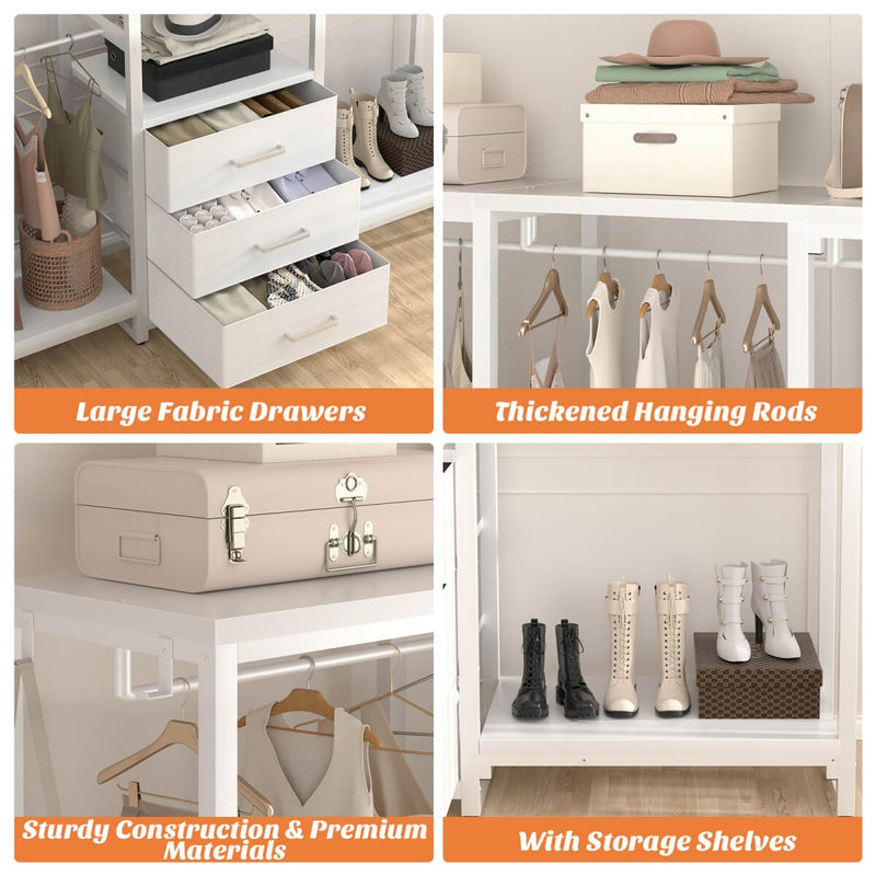 Heavy Duty Clothes Rack with 3 Fabric Drawers, Wood Stoarge Shelf Garment Rack