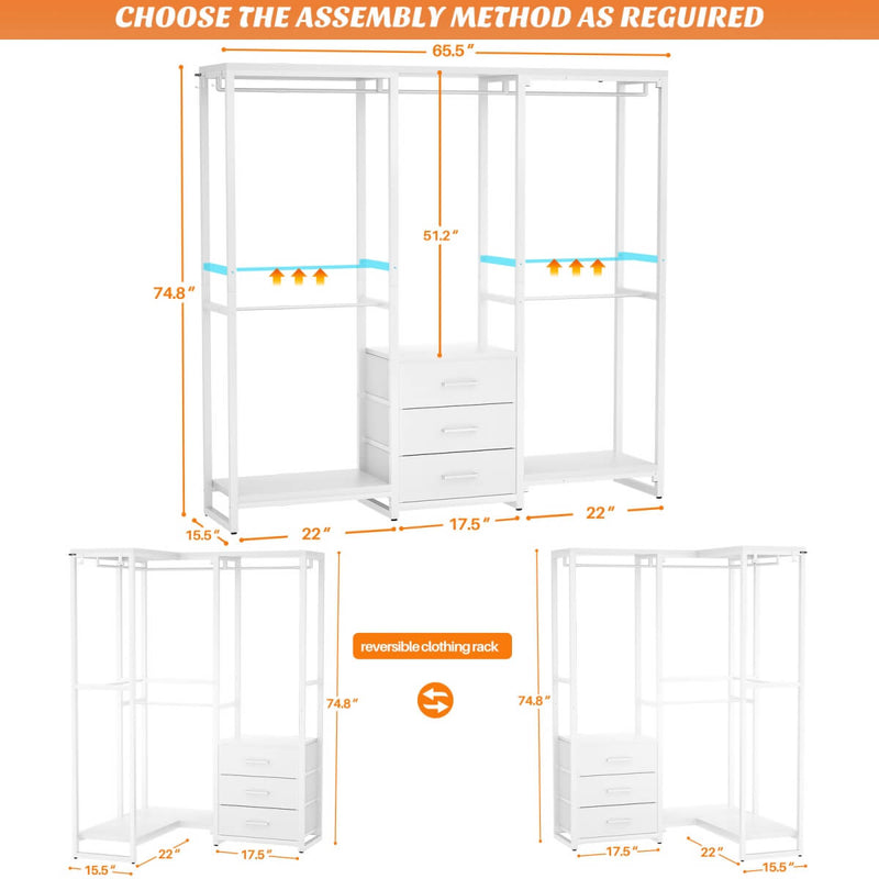 Heavy Duty Clothes Rack with 3 Fabric Drawers, Wood Stoarge Shelf Garment Rack