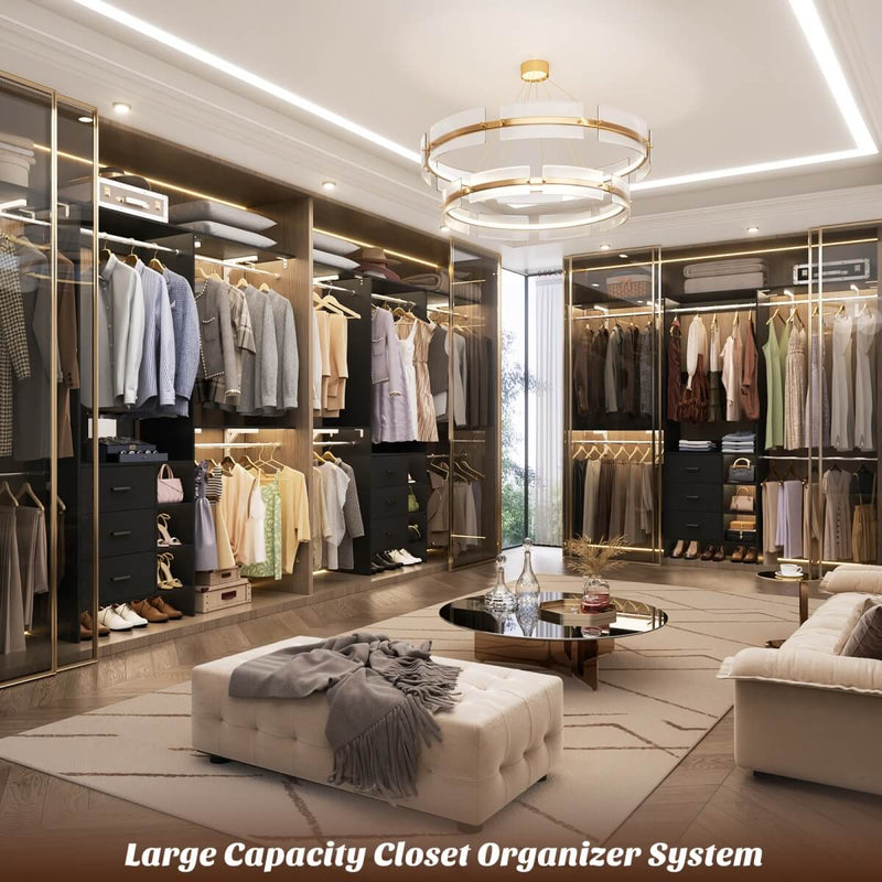 8FT Closet System with 3 Drawers, 3 Shelf Towers and 4 Hanging Rods