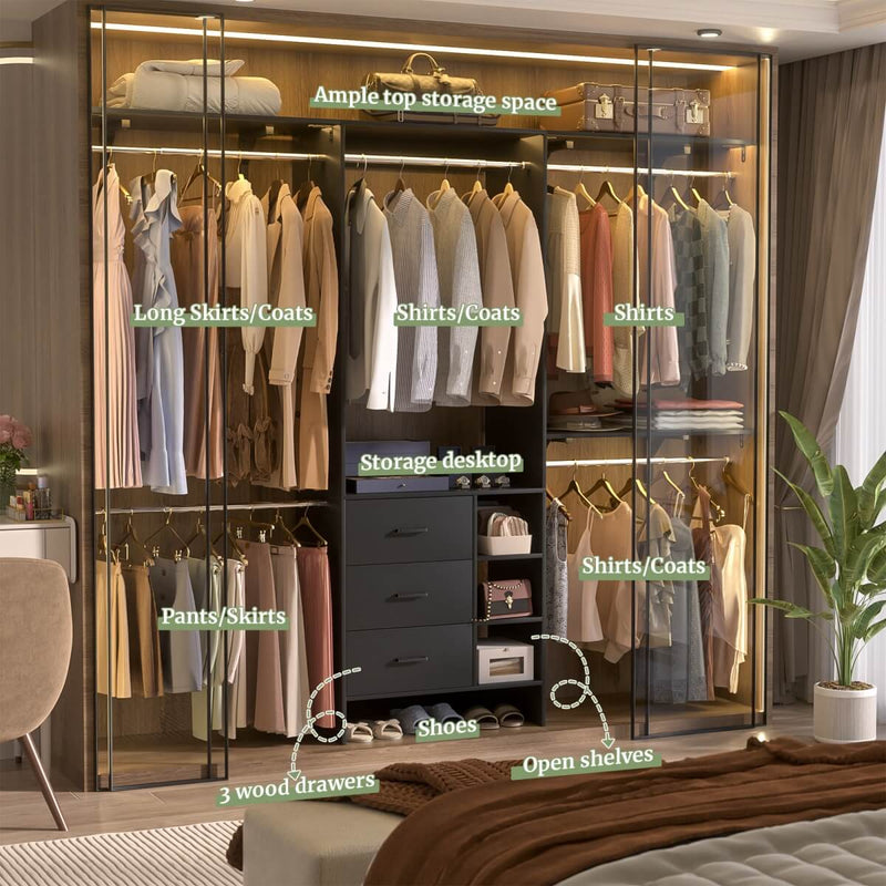 8FT Closet System with 3 Drawers, 3 Shelf Towers and 4 Hanging Rods