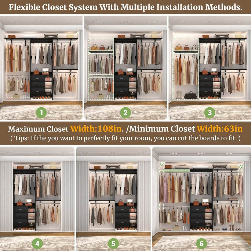 8FT Closet System with 3 Drawers, 3 Shelf Towers and 4 Hanging Rods