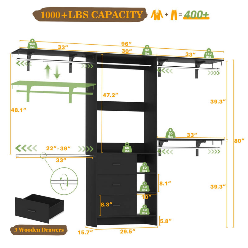 8FT Closet System with 3 Drawers, 3 Shelf Towers and 4 Hanging Rods