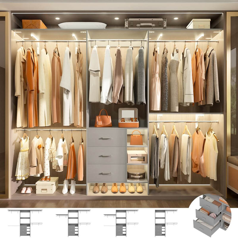 8FT Closet System with 3 Drawers, 3 Shelf Towers and 4 Hanging Rods