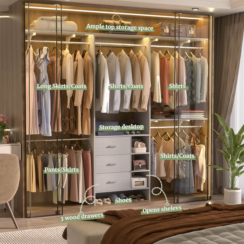 8FT Closet System with 3 Drawers, 3 Shelf Towers and 4 Hanging Rods