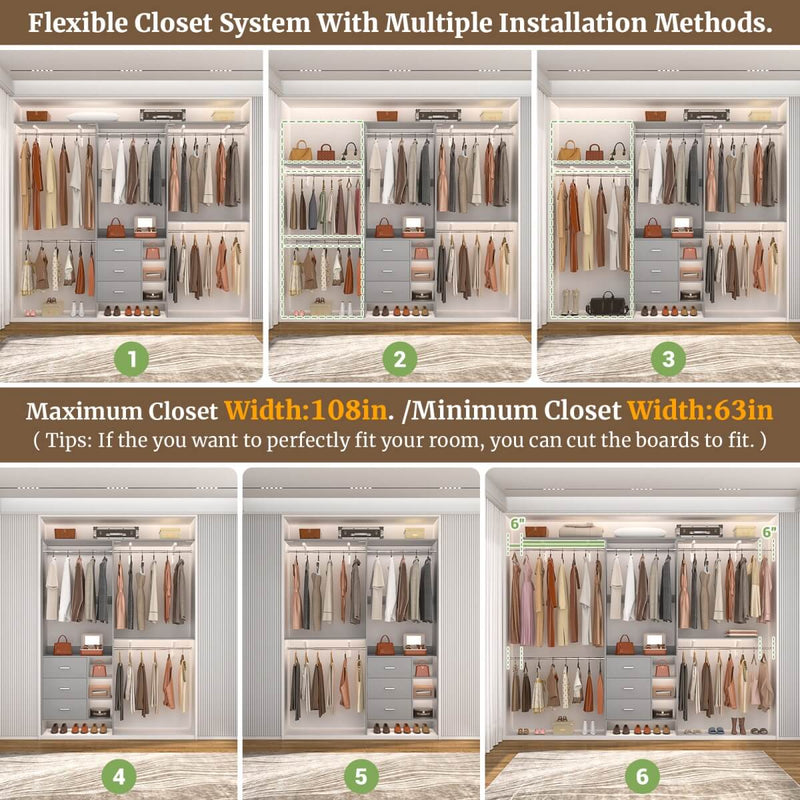8FT Closet System with 3 Drawers, 3 Shelf Towers and 4 Hanging Rods