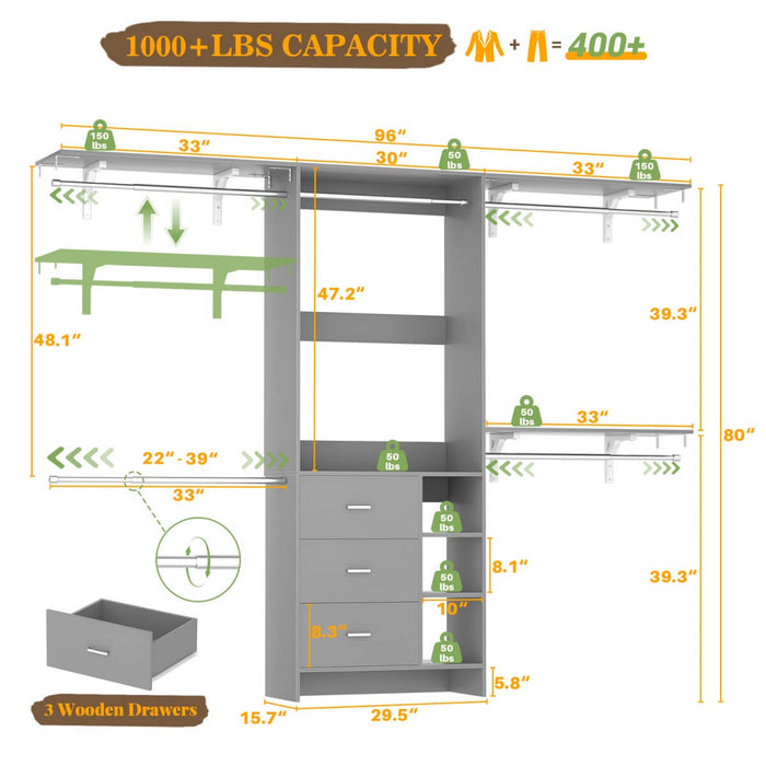 8FT Closet System with 3 Drawers, 3 Shelf Towers and 4 Hanging Rods