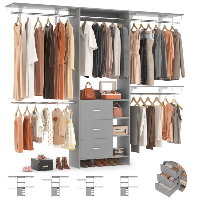 8FT Closet System with 3 Drawers, 3 Shelf Towers and 4 Hanging Rods
