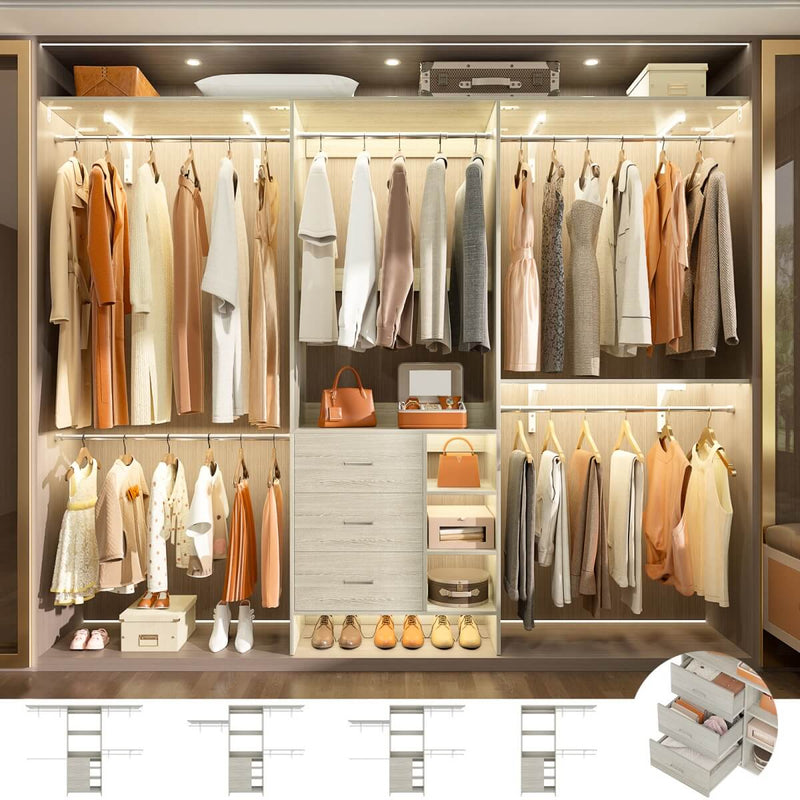 8FT Closet System with 3 Drawers, 3 Shelf Towers and 4 Hanging Rods