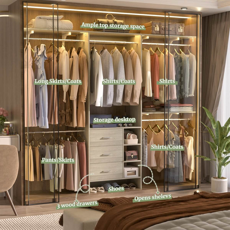 8FT Closet System with 3 Drawers, 3 Shelf Towers and 4 Hanging Rods
