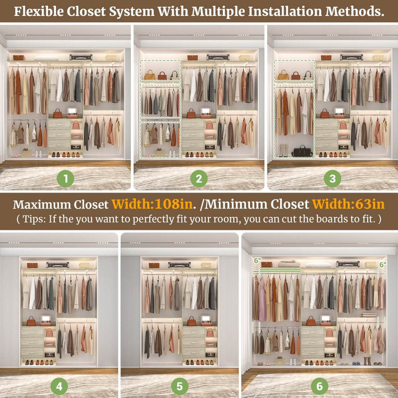 8FT Closet System with 3 Drawers, 3 Shelf Towers and 4 Hanging Rods