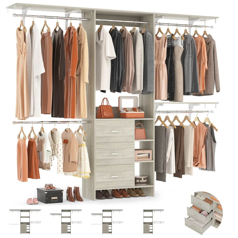 8FT Closet System with 3 Drawers, 3 Shelf Towers and 4 Hanging Rods
