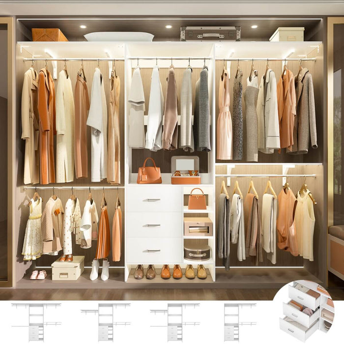 8FT Closet System with 3 Drawers, 3 Shelf Towers and 4 Hanging Rods
