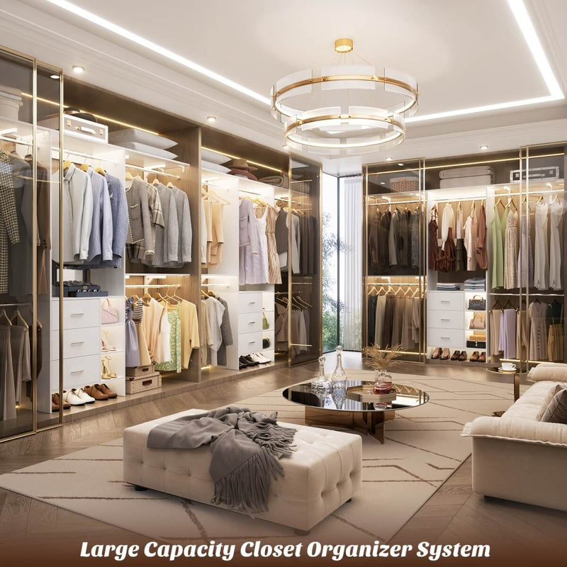 8FT Closet System with 3 Drawers, 3 Shelf Towers and 4 Hanging Rods