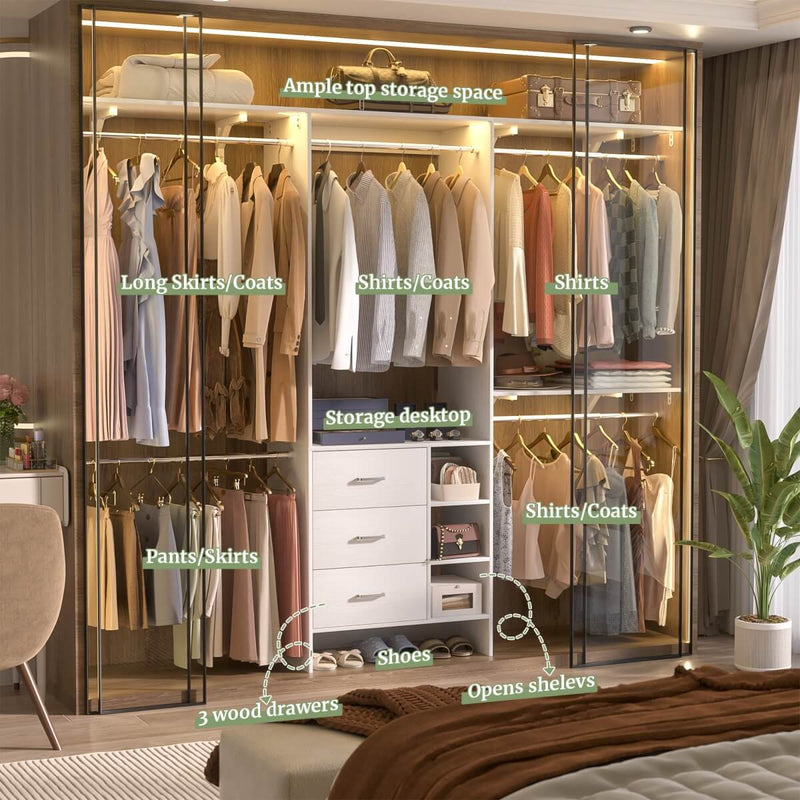 8FT Closet System with 3 Drawers, 3 Shelf Towers and 4 Hanging Rods