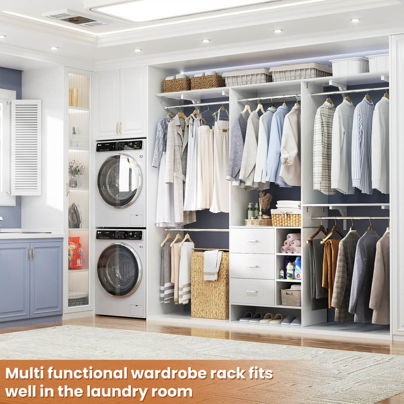 8FT Closet System with 3 Drawers, 3 Shelf Towers and 4 Hanging Rods