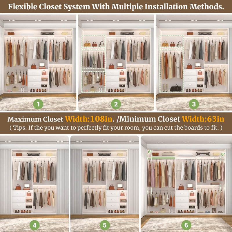 8FT Closet System with 3 Drawers, 3 Shelf Towers and 4 Hanging Rods