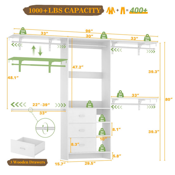8FT Closet System with 3 Drawers, 3 Shelf Towers and 4 Hanging Rods