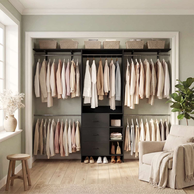 8FT Closet System with 3 Drawers, 3 Shelf Towers and 4 Hanging Rods