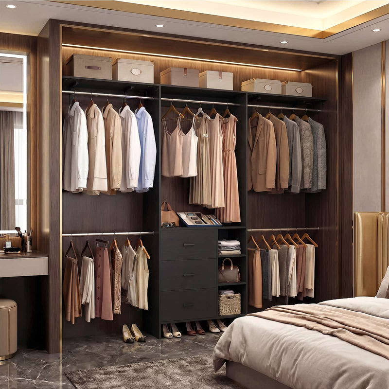 8FT Closet System with 3 Drawers, 3 Shelf Towers and 4 Hanging Rods