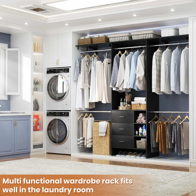 8FT Closet System with 3 Drawers, 3 Shelf Towers and 4 Hanging Rods