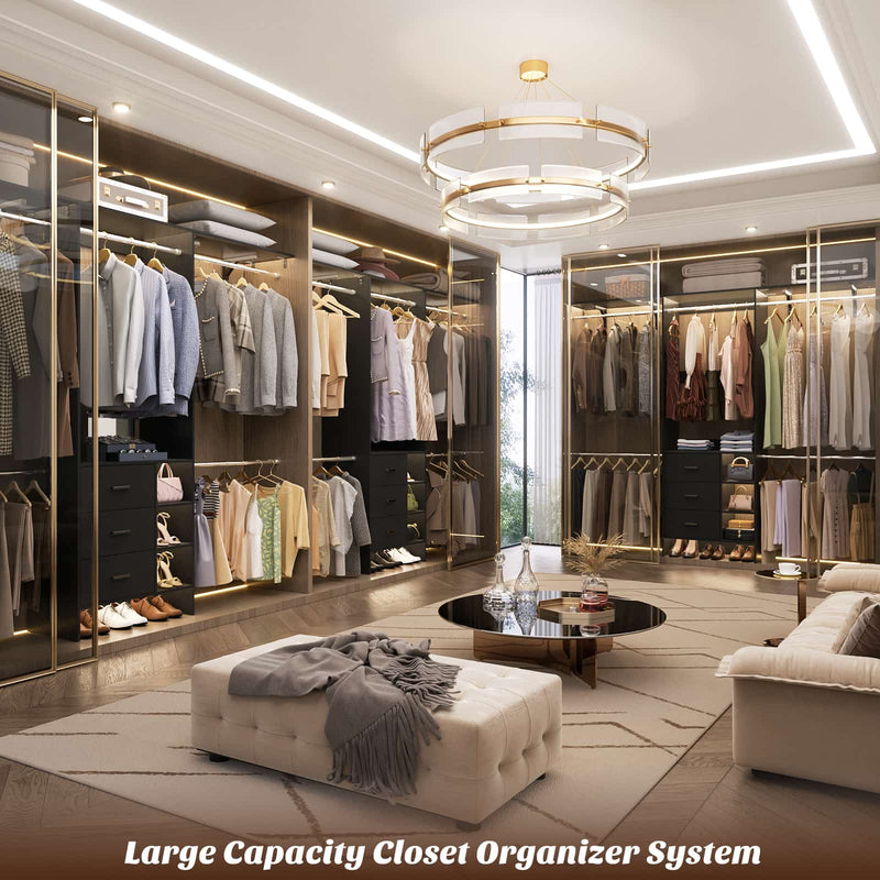 8FT Closet System with 3 Drawers, 3 Shelf Towers and 4 Hanging Rods