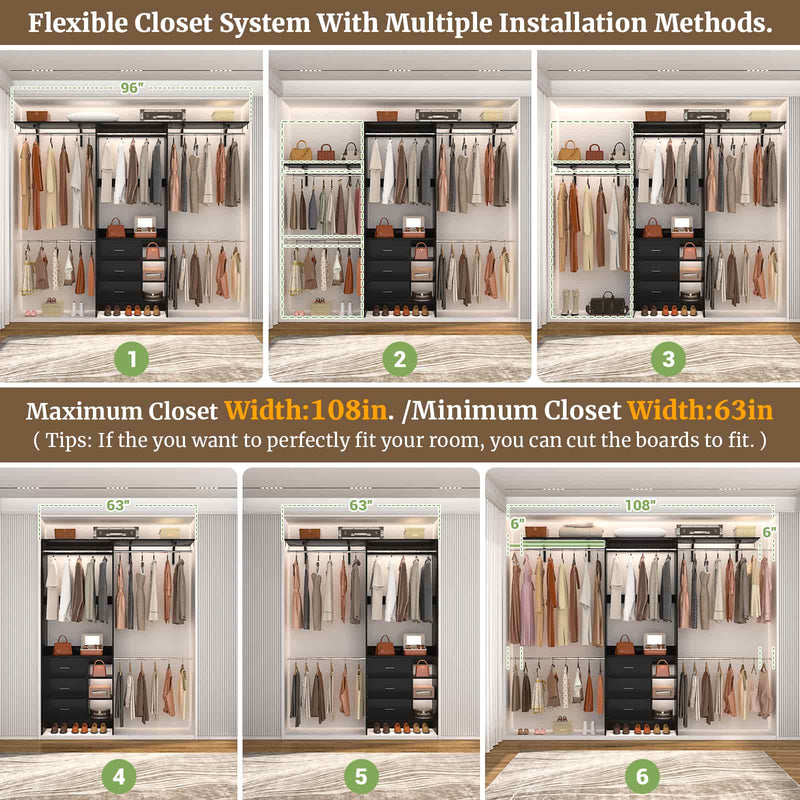 8FT Closet System with 3 Drawers, 3 Shelf Towers and 4 Hanging Rods