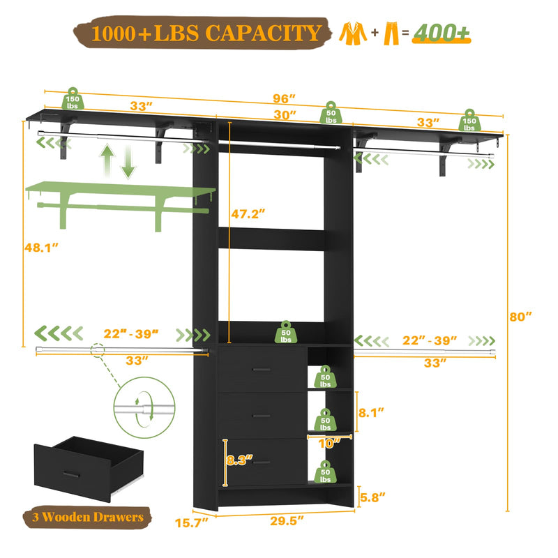 8FT Closet System with 3 Drawers, 3 Shelf Towers and 4 Hanging Rods