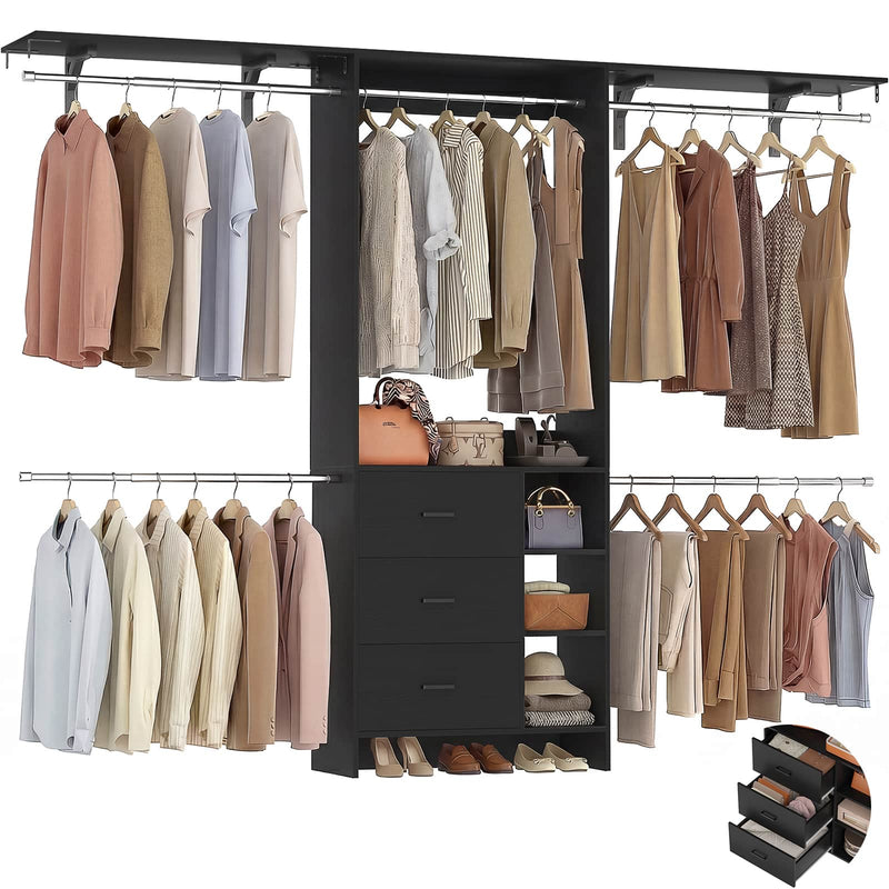 8FT Closet System with 3 Drawers, 3 Shelf Towers and 4 Hanging Rods