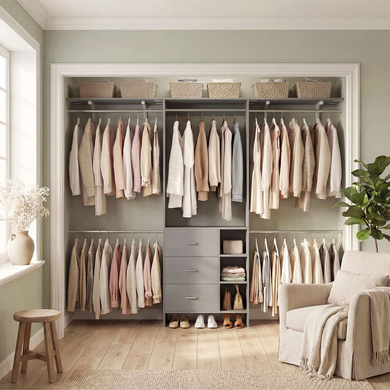 8FT Closet System with 3 Drawers, 3 Shelf Towers and 4 Hanging Rods