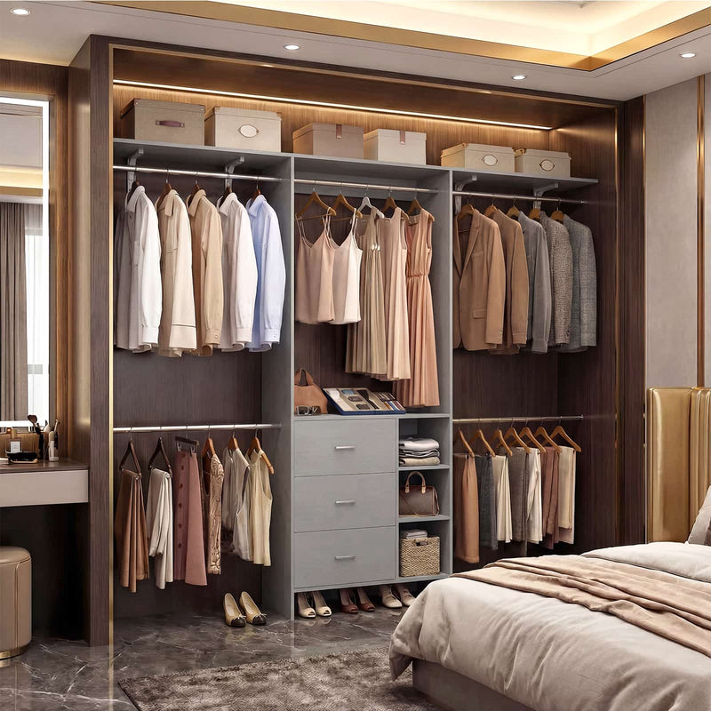 8FT Closet System with 3 Drawers, 3 Shelf Towers and 4 Hanging Rods