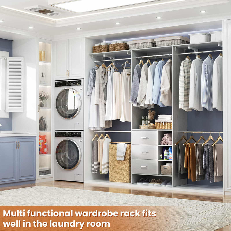 8FT Closet System with 3 Drawers, 3 Shelf Towers and 4 Hanging Rods