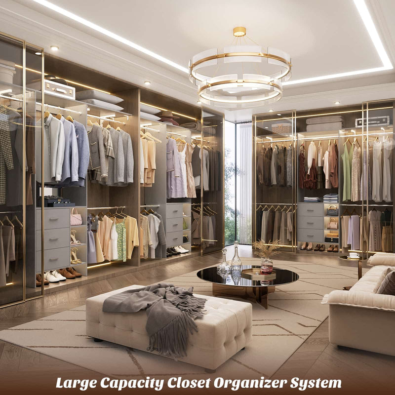 8FT Closet System with 3 Drawers, 3 Shelf Towers and 4 Hanging Rods