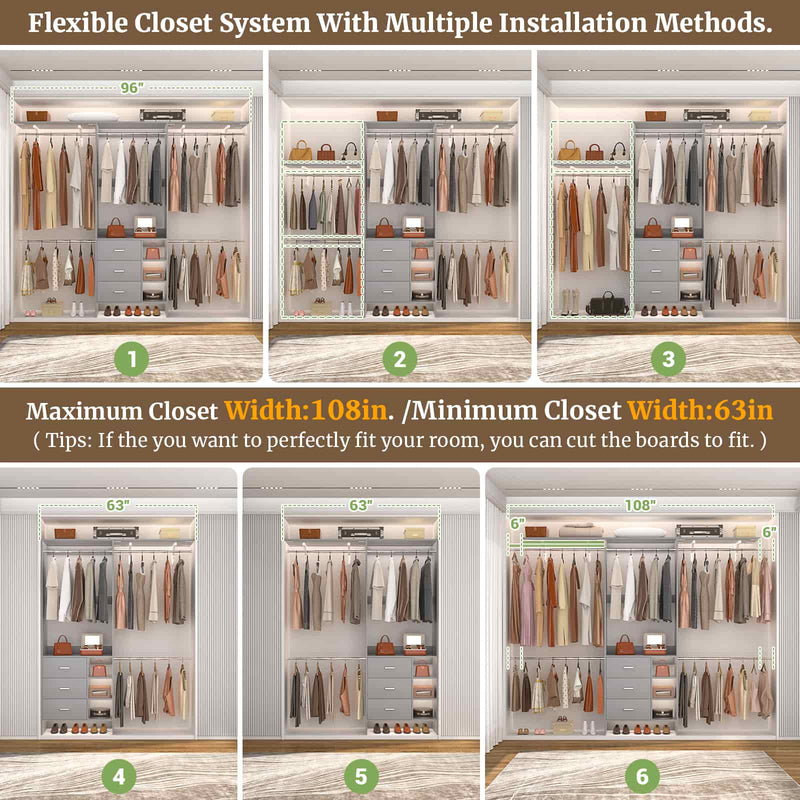 8FT Closet System with 3 Drawers, 3 Shelf Towers and 4 Hanging Rods