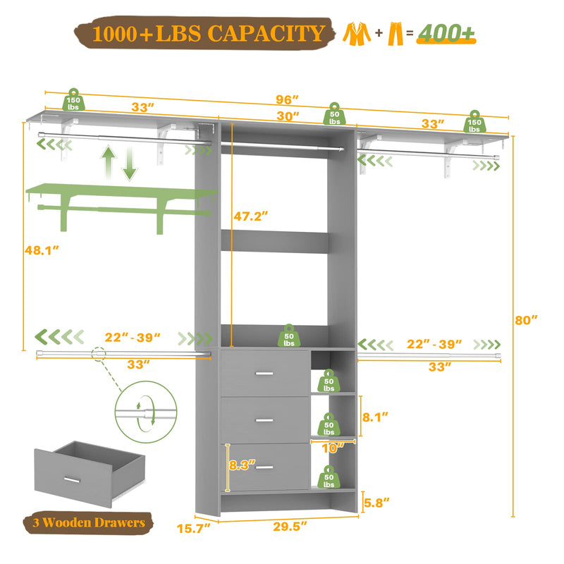 8FT Closet System with 3 Drawers, 3 Shelf Towers and 4 Hanging Rods