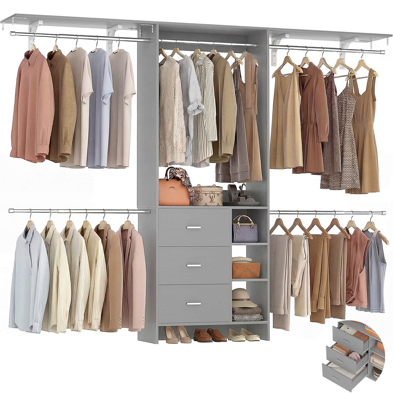 8FT Closet System with 3 Drawers, 3 Shelf Towers and 4 Hanging Rods