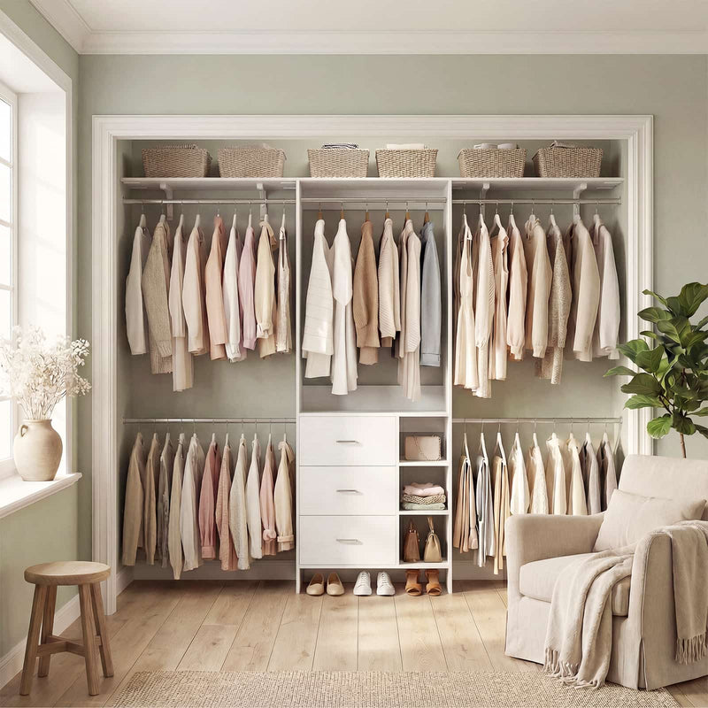 8FT Closet System with 3 Drawers, 3 Shelf Towers and 4 Hanging Rods