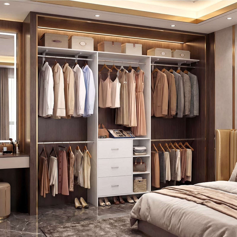 8FT Closet System with 3 Drawers, 3 Shelf Towers and 4 Hanging Rods