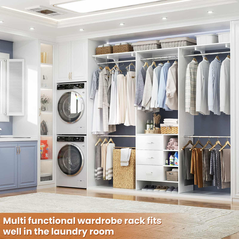 8FT Closet System with 3 Drawers, 3 Shelf Towers and 4 Hanging Rods