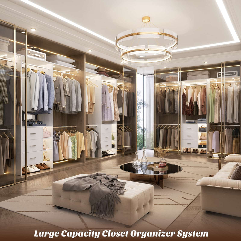 8FT Closet System with 3 Drawers, 3 Shelf Towers and 4 Hanging Rods