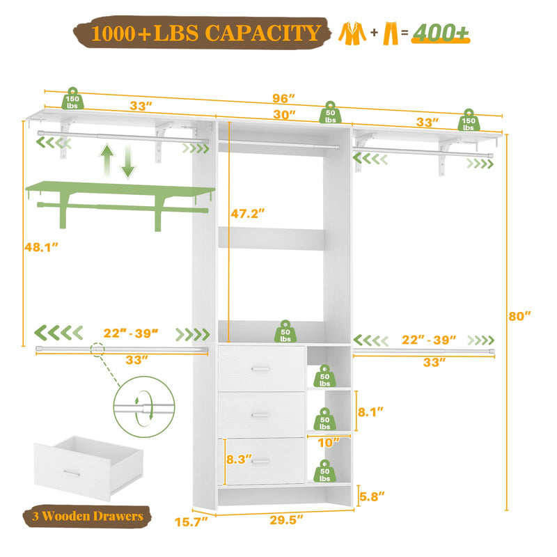 8FT Closet System with 3 Drawers, 3 Shelf Towers and 4 Hanging Rods