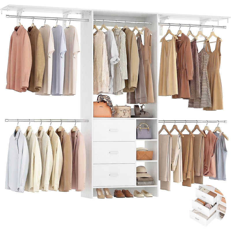 8FT Closet System with 3 Drawers, 3 Shelf Towers and 4 Hanging Rods