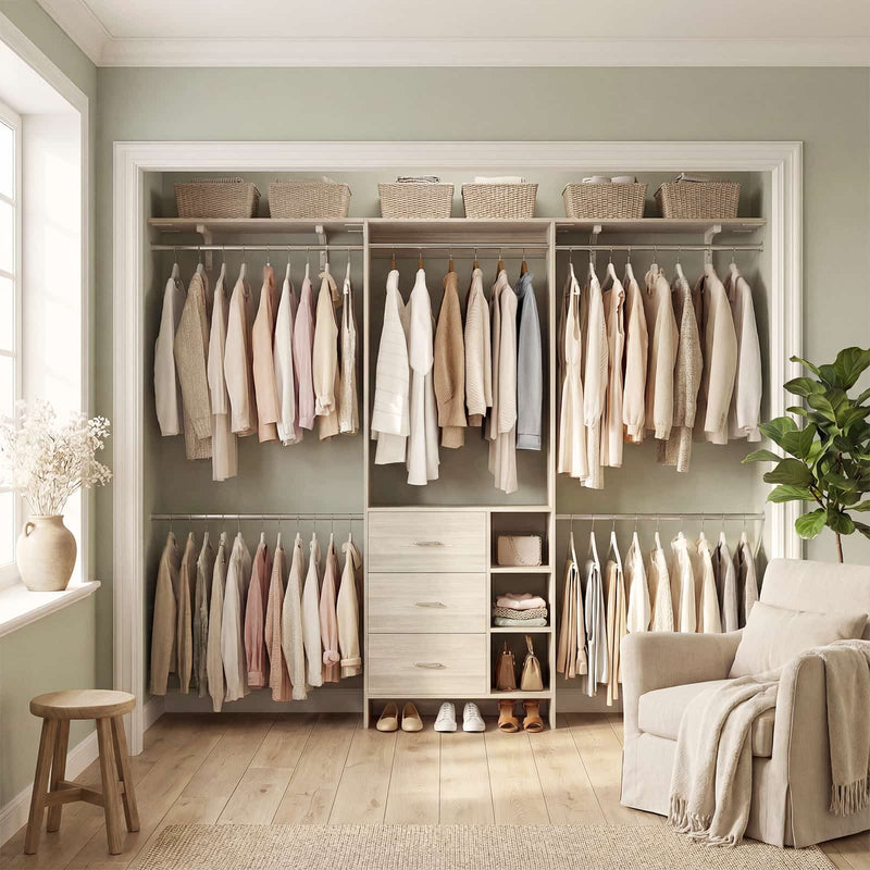 8FT Closet System with 3 Drawers, 3 Shelf Towers and 4 Hanging Rods