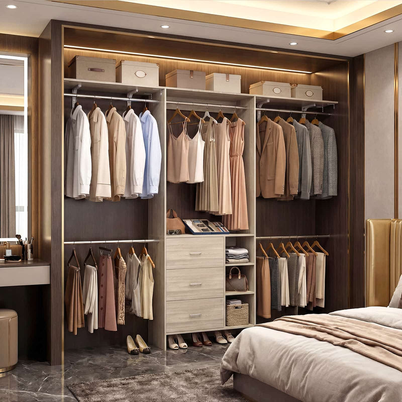 8FT Closet System with 3 Drawers, 3 Shelf Towers and 4 Hanging Rods